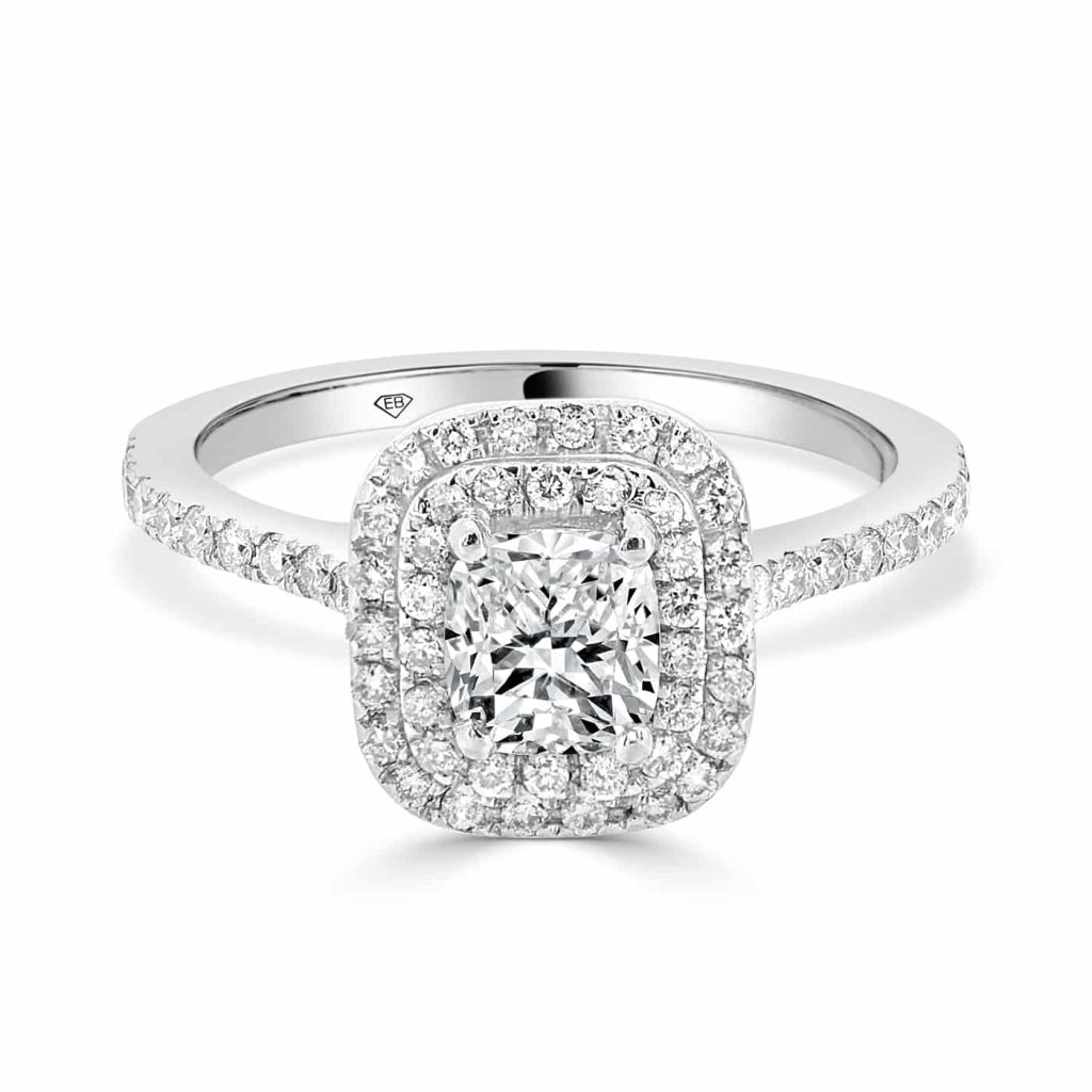 Cushion cut diamond ring with double halo