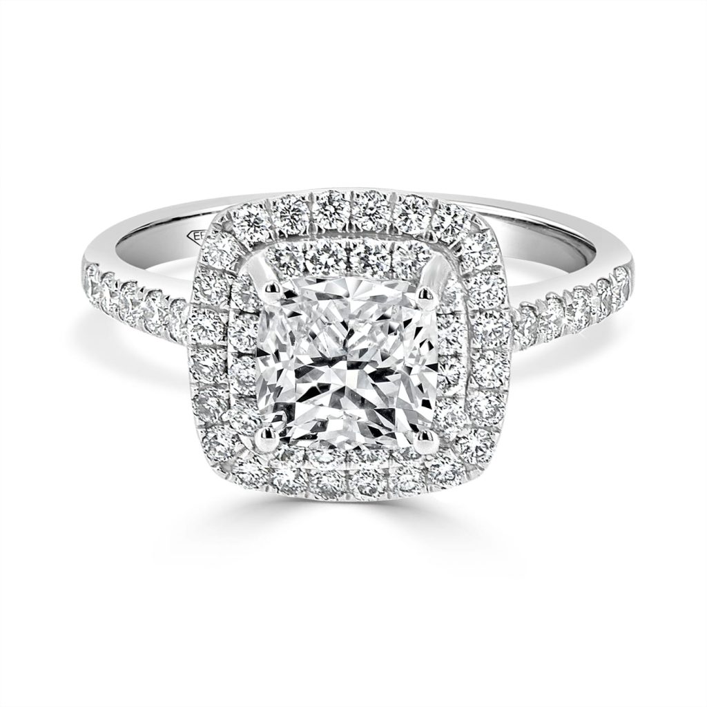 Cushion cut diamond ring with double halo