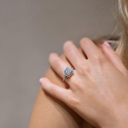 Cushion Engagement Ring with Double Halo in White Gold