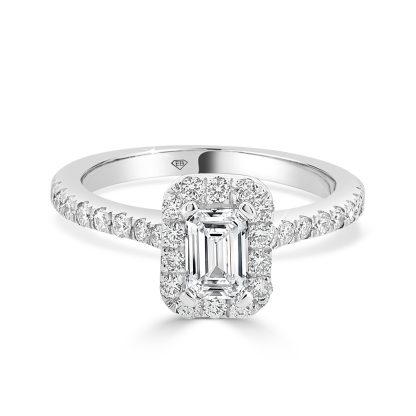 Emerald cut halo diamond engagement ring