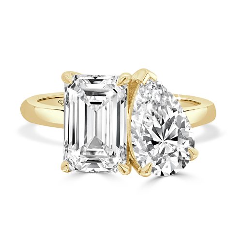 18kt Yellow Gold Toi et Moi Ring with Emerald and Pear Shaped Diamonds