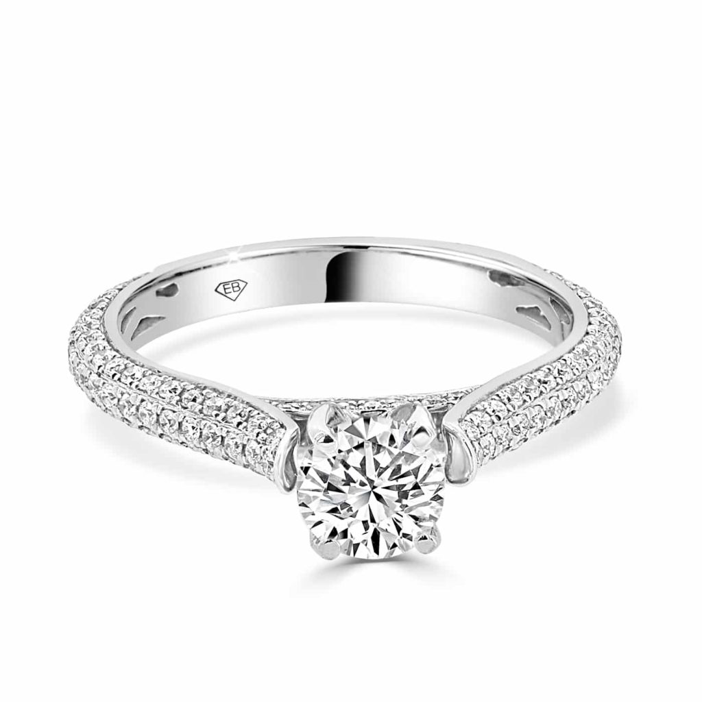 Engagement Ring with Round Brilliant Cut Diamond and Three Rows of Pavé Set Side Diamonds 0.60 Ct