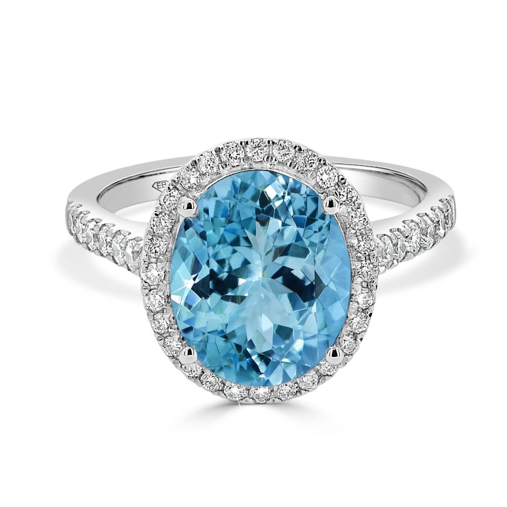Aquamarine and Diamond Halo Ring