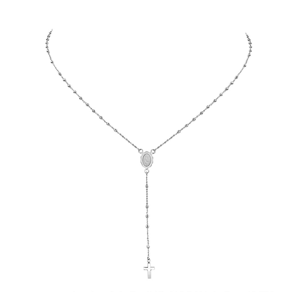 18ct white gold rosary necklace featuring bead accents, a sacred medallion, and a polished cross pendant.