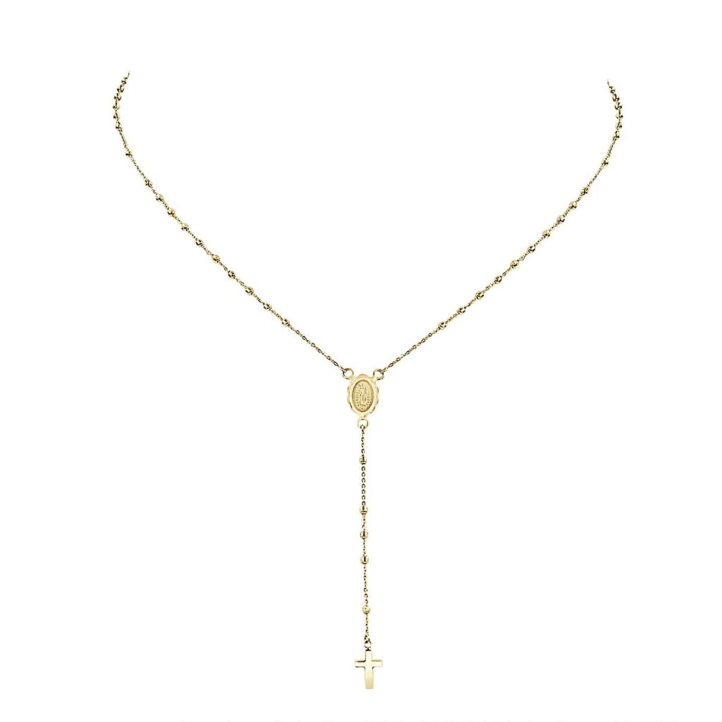 9ct yellow gold rosary necklace featuring bead accents, a sacred medallion, and a polished cross pendant.