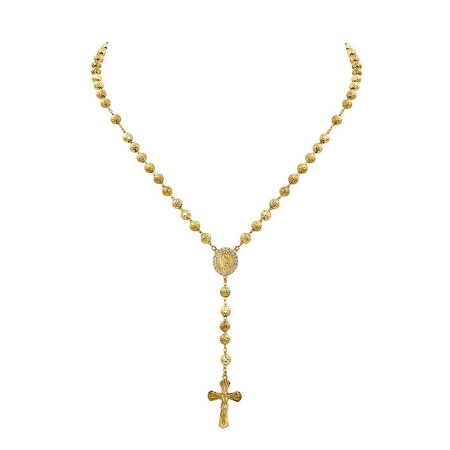 Rosary Necklace9ct yellow gold rosary necklace with gold beads, sacred medallion, and cross pendant.