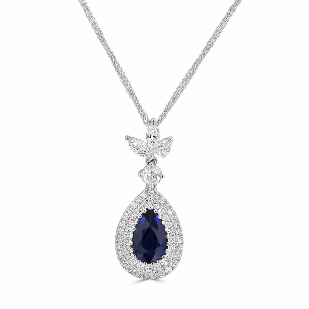 Pear-cut sapphire pendant with diamonds