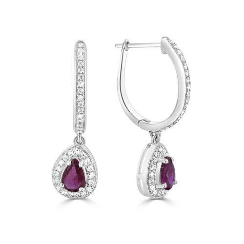 White Gold Drop Earrings Natural Rubies and Diamonds in Elegant Harmony