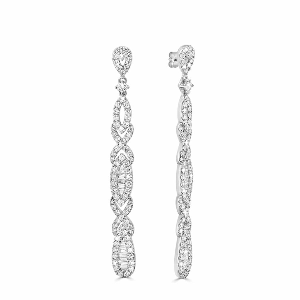 White gold drop earrings with baguette diamonds