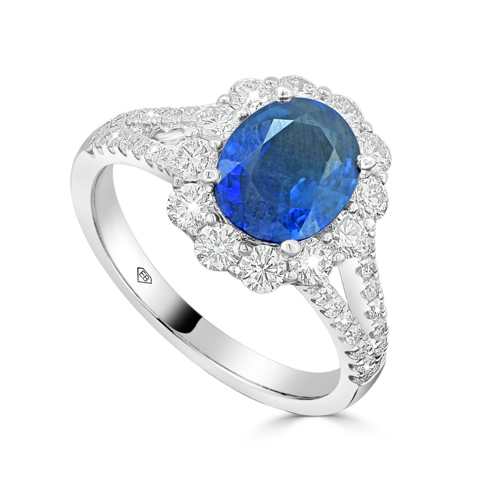 Sapphire and diamond halo ring
