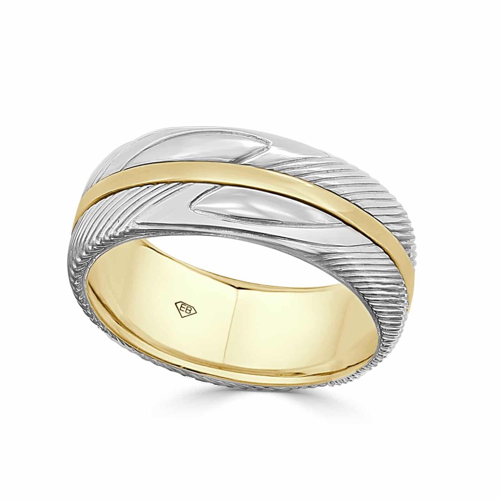 Engraved two tone gold men’s wedding ring
