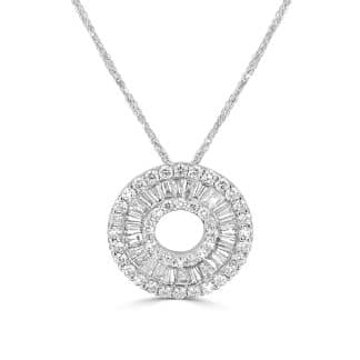 Step Into Luxury with a Baguette Diamond PendantWhite gold halo pendant with diamonds