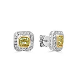 Yellow Diamond Earrings with Radiant Cut in Two-Tone GoldRadiant cut yellow diamond earrings