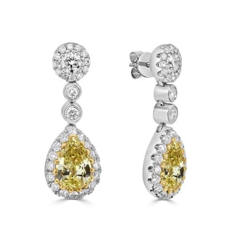 Yellow Diamond Drop Earrings Pear Cut Halo
