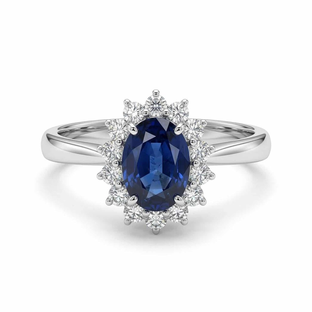 sapphire and halo diamonds engagement ring in 18 kt white gold