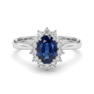 Oval Sapphire Ring with Floral Halosapphire and halo diamonds engagement ring in 18 kt white gold